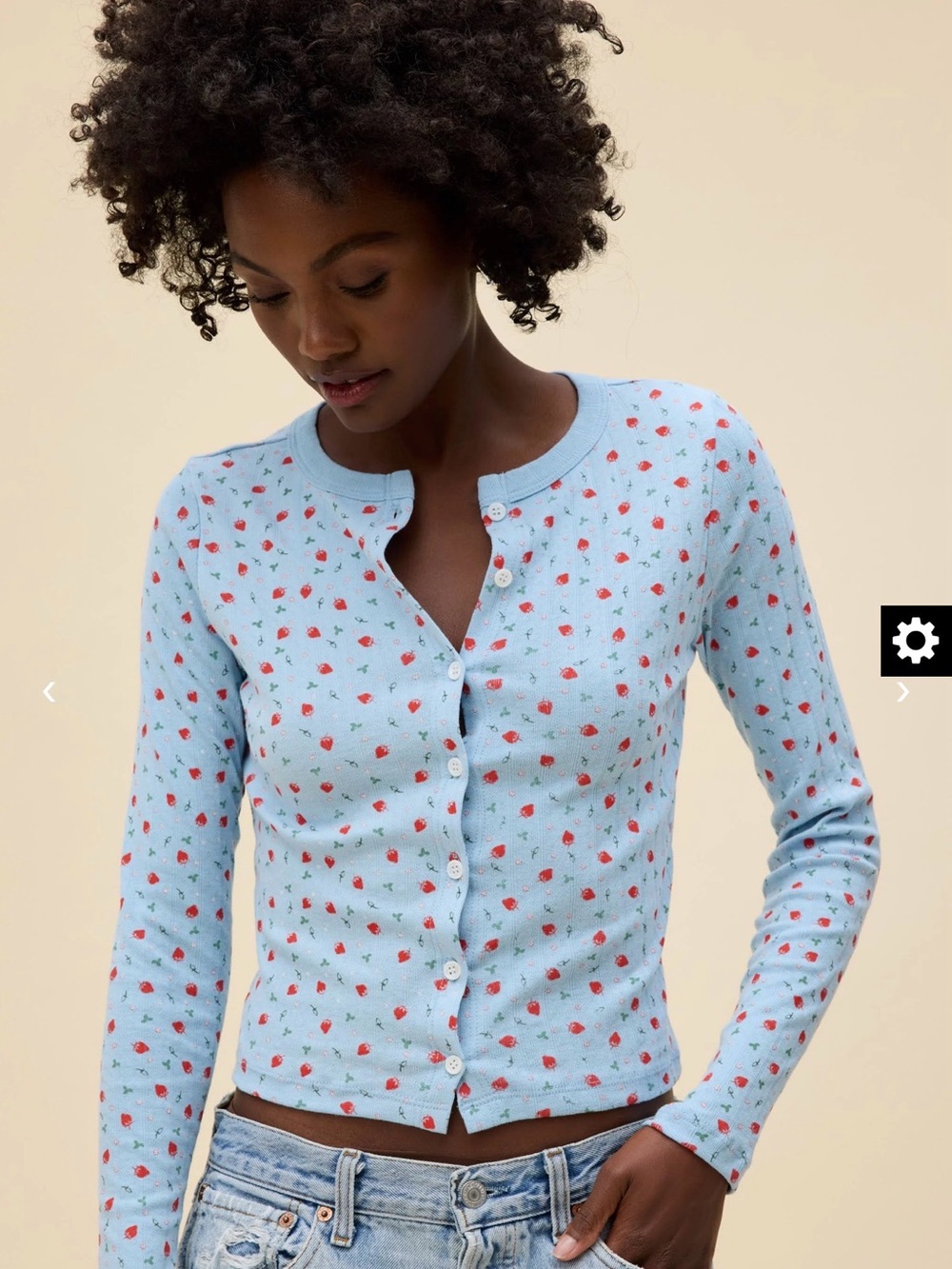 Daydreamer Light Blue Strawberry Button-Front Knit Top